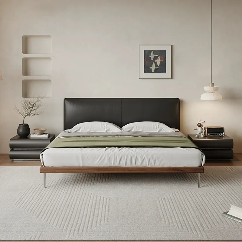 Italian minimalist leather bed, black thin bedside retro wind soft bag bed, modern simple tofu block master bedroom bed