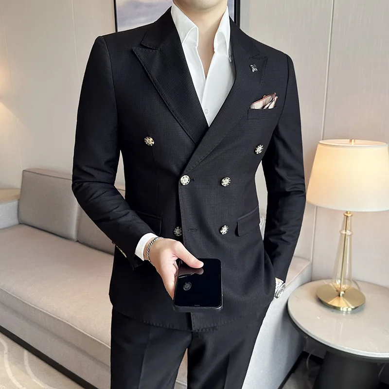 Spring Summer Thin Double Breasted Suit Set British Style 2 Pieces Suits Office Work Party Prom Wedding Groom Blazer Trousers