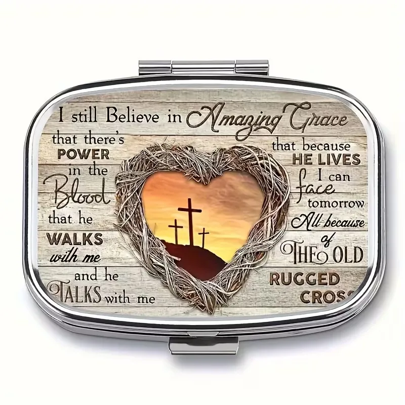 1pc God Sunset Landscape Oil Painting Theme 2-Grid Medicine Box - Portable Decorative Metal Medicine Storage Box, Suitable for Travel, Wallet Or Pocket - Unique Gift Creativity
