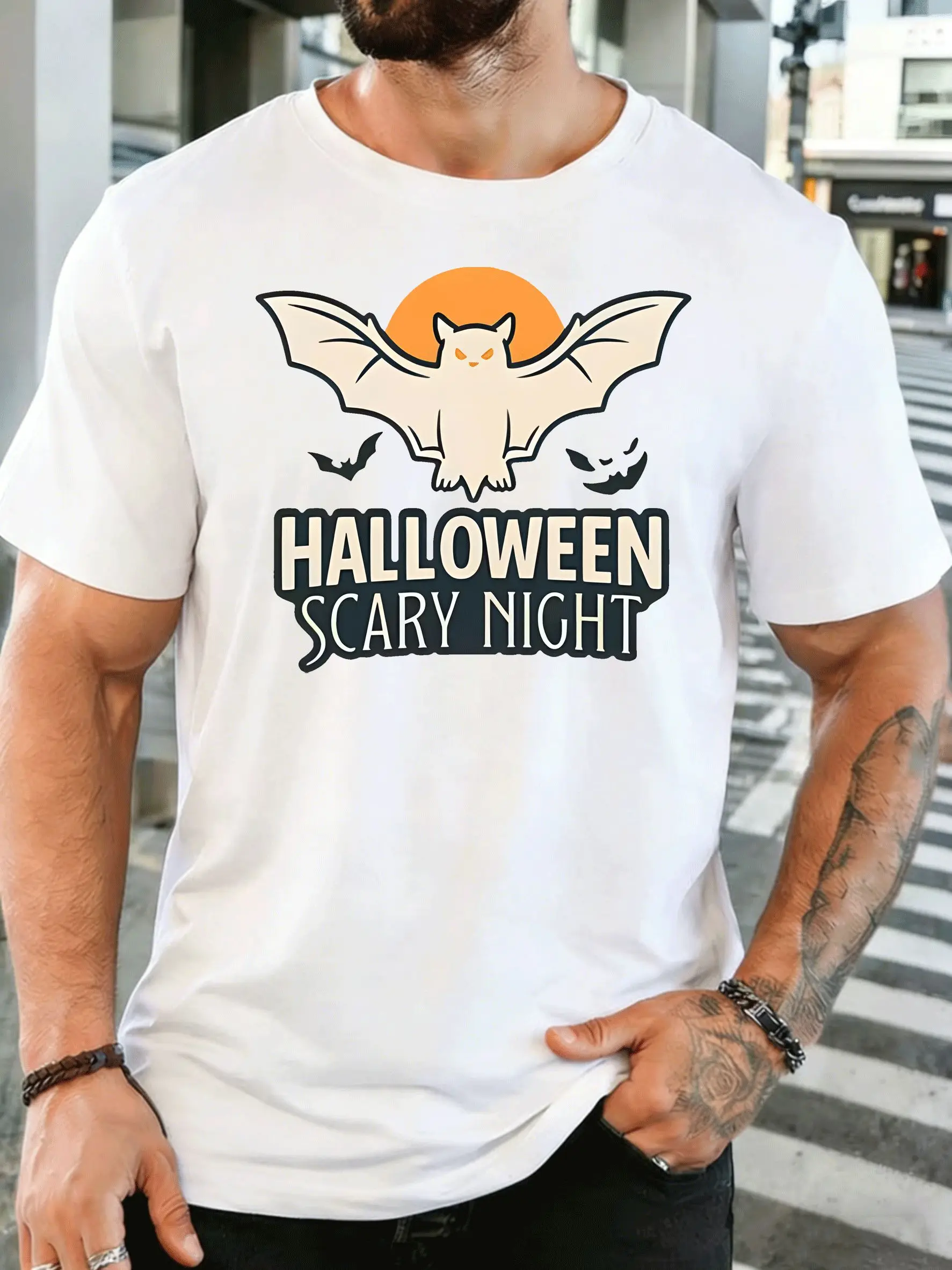 Halloween Scary Night Bat And Sunset Mens Front Print T Shirt Spooky Graphic Tee Casual Short Sleeve Top Halloween Party Gift