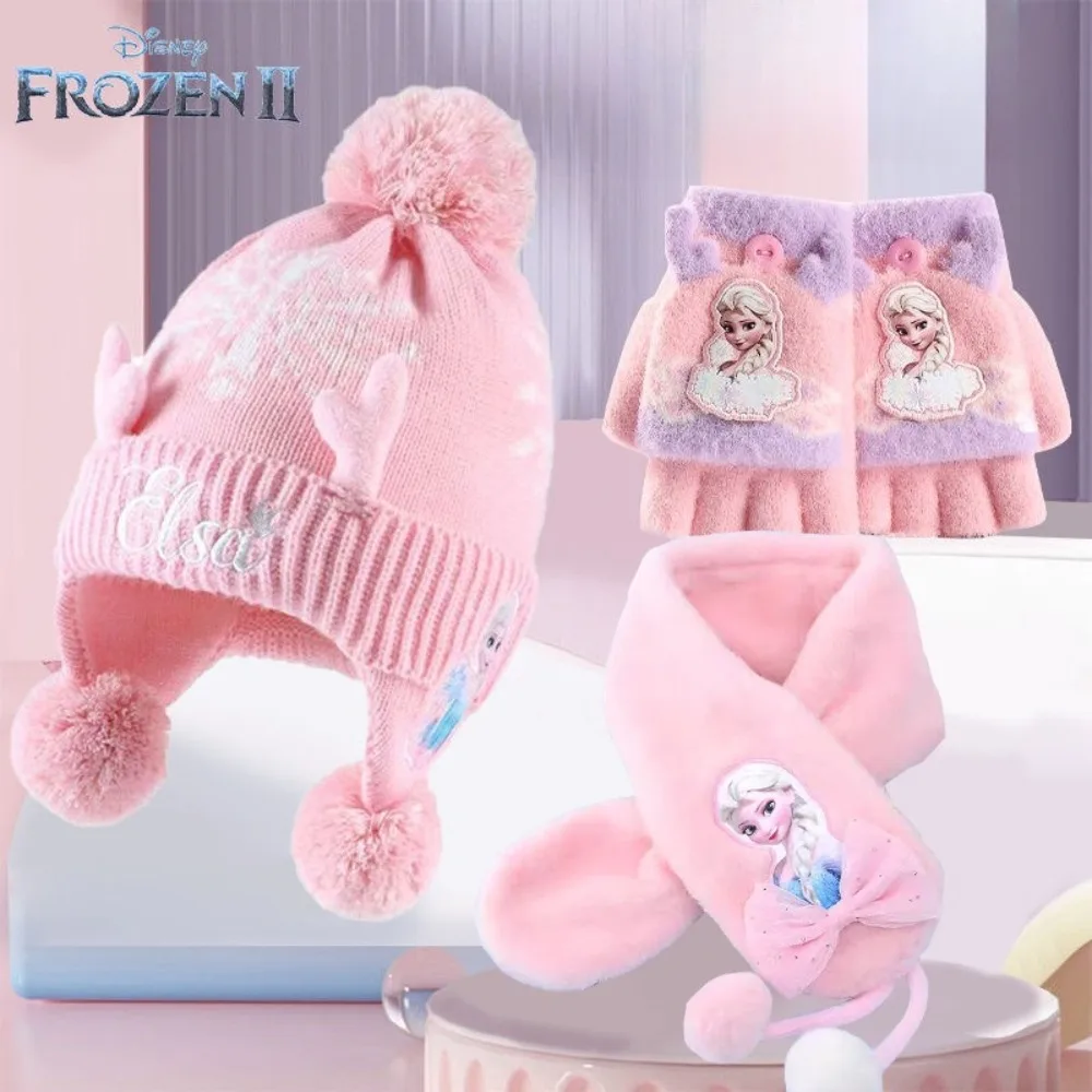 

Disney Frozen Elsa Princess Winter Warm Knitted Hat Gloves Scarf Sets Kids Ear Protection Plush Flip Top Mittens Gifts for Girls
