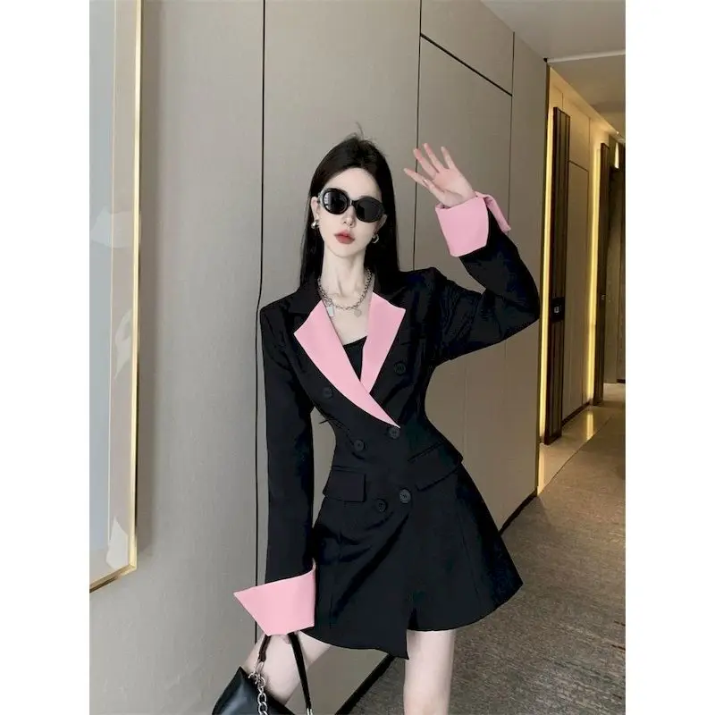 

Insozkdg Elegant Contrast Color Notched Collar Blazer Dress Korean Double Breasted Slim Waist Vestidos Femme Spring New Dresses