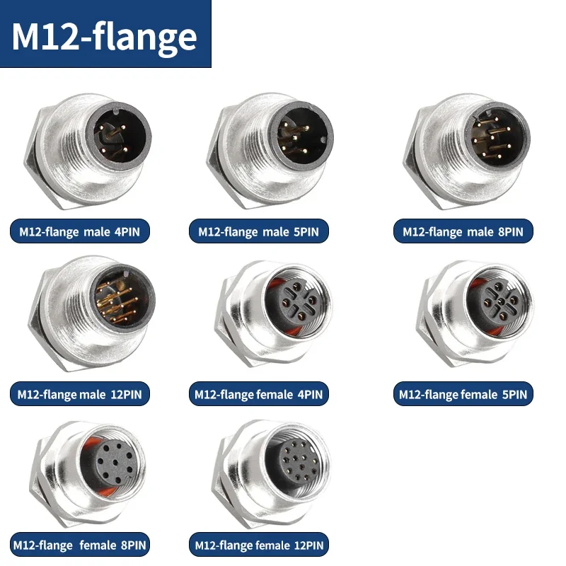 

5 PCS M12 flange mounting sensor connector waterproof male&female plug screw threaded coupling 3 4 5 8 12 Pin A type connectors