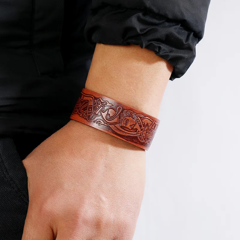 Vintage Genuine Leather Emboss Ancient Egyptian Totems Bracelet Men Wide Retro Simple Cuff Bracele