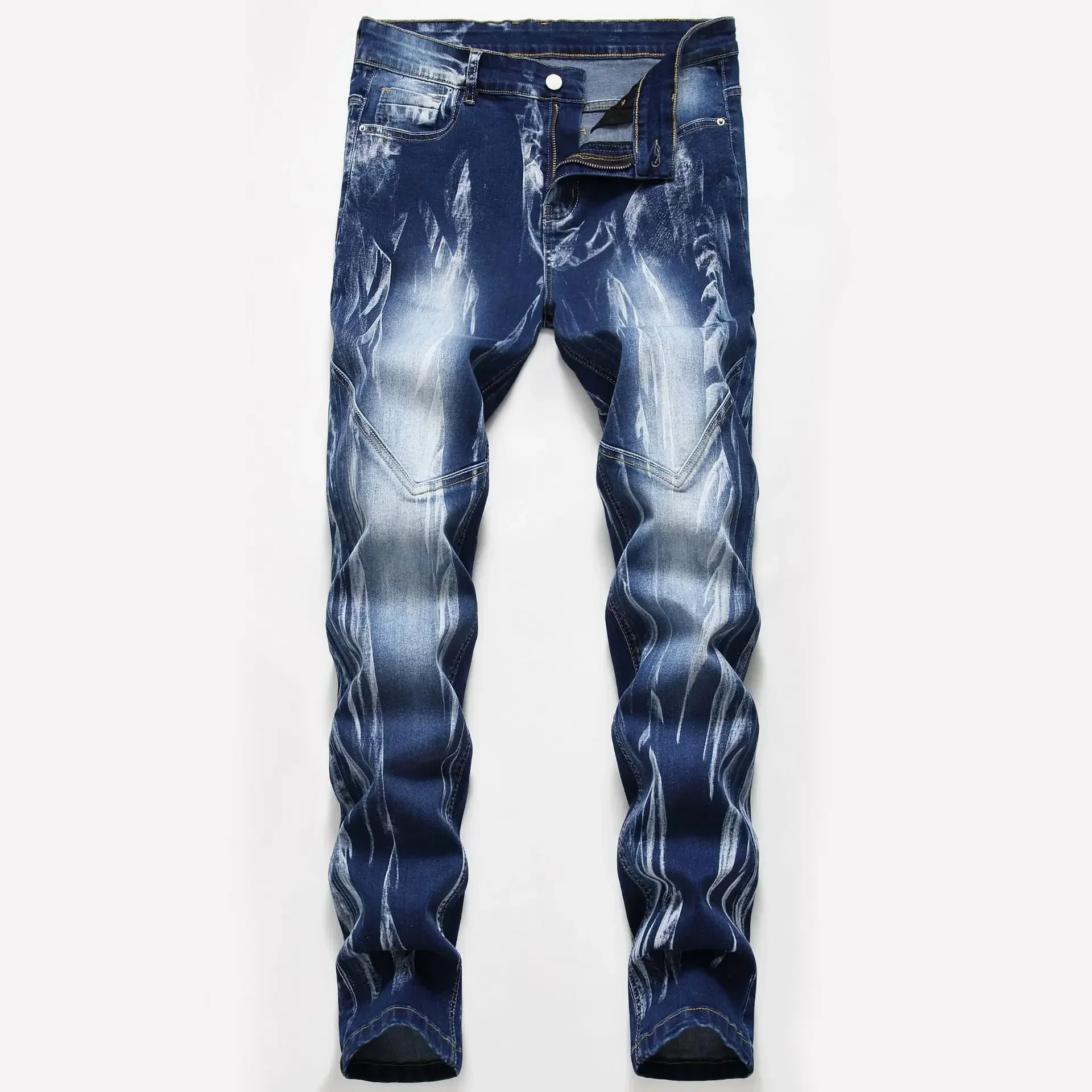 Fashion Print Men's Elasticity Slim Skinny Jeans Popular Spray Pattern DenimTrousers Male Casual Streetwear Brand Long Pants