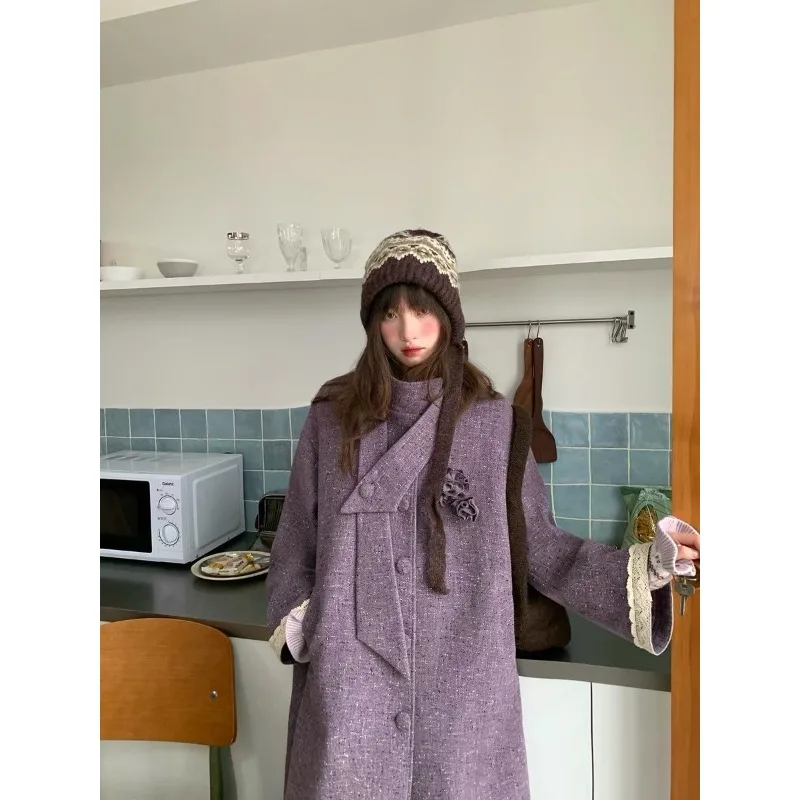 Korean niche atmosphere grape purple long coat women's autumn and winter loose retro casual versatile coat