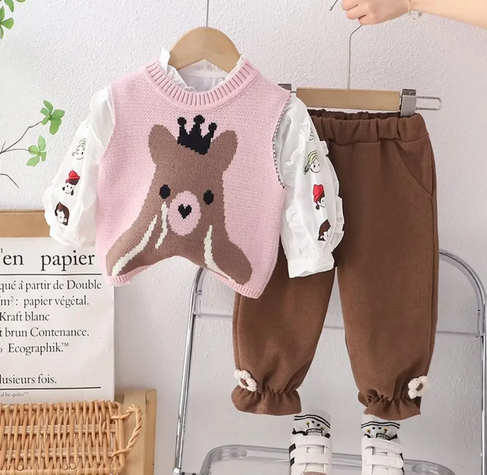 

Korean Style Tracksuits for Kids Girls Clothes 6 To 12 Months Cartoon Knitted Vest+Shirts+Pants 3Pcs Baby Boutique Outfits Sets