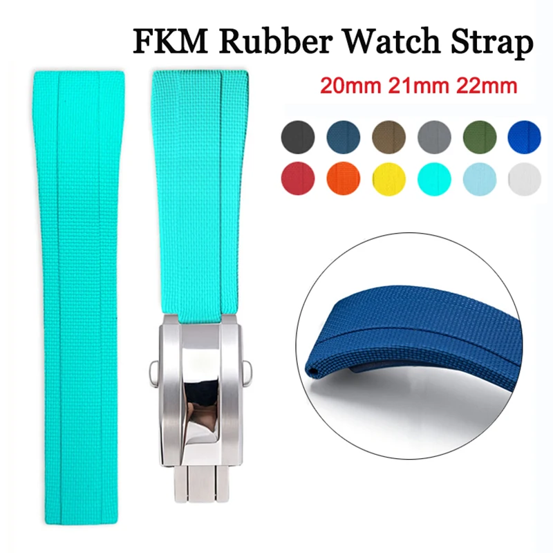 Fluoro Rubber FKM Watch Strap 20mm 21mm 22mm Flat End Folding Buckle Men Universal Watch Band for Rolex Submariner for Daytona