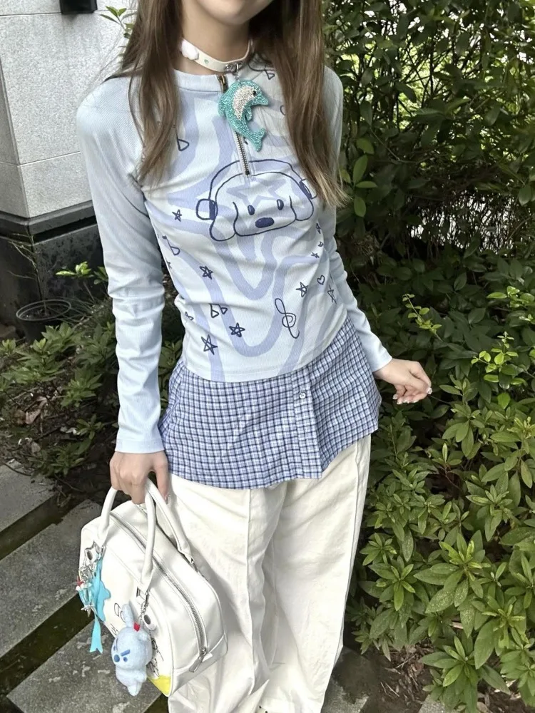Kimotimo 子犬プリント Y2k Tシャツ女性 2025 春偽二枚ジッパー原宿トップスグランジ美的長袖カジュアル Tシャツ