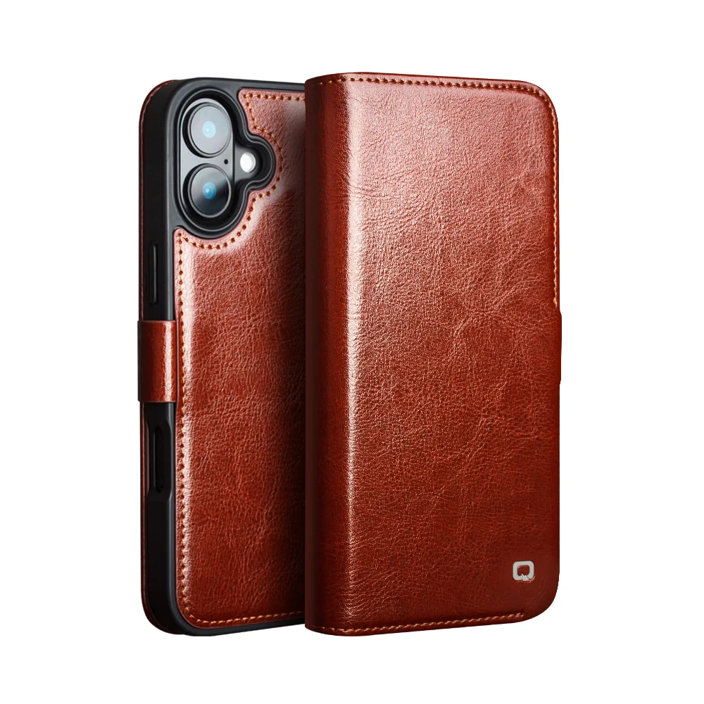 Qlialino Premium Natural Cowhide Real Genuine Leather Cover For Iphone Duo 18 17 16 15 Pro Max Phone Case Flip Magnetic Button