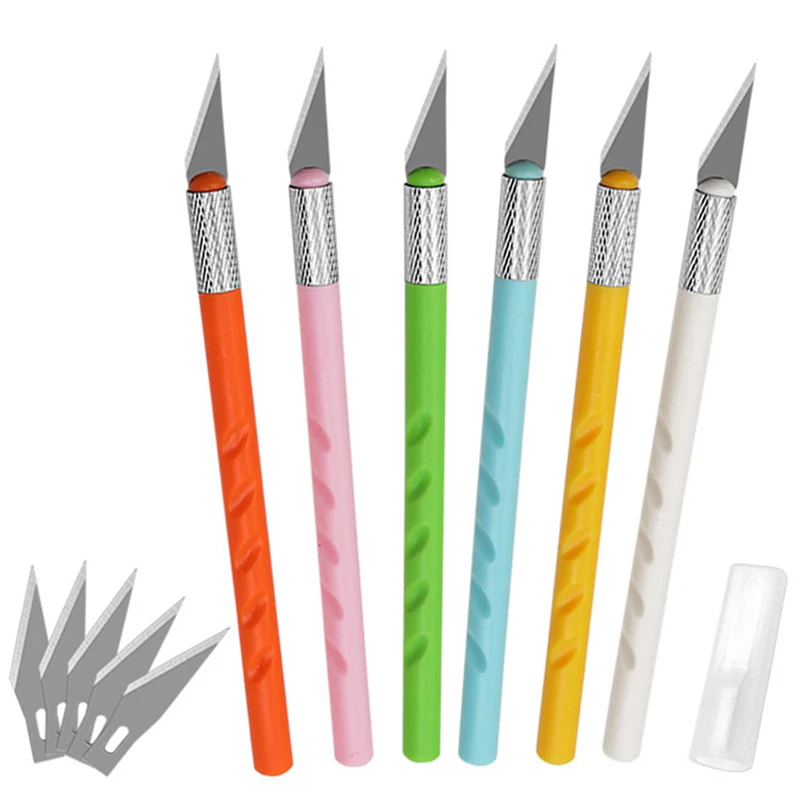 Cuchillo de grabado para manualidades, pluma para tallar, escultura antideslizante, cortador de seguridad, cuchillo de papel, mango de plástico + 5 cuchillas
