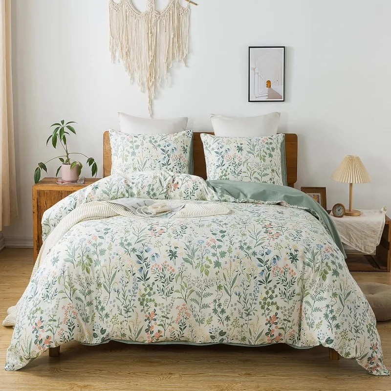 Garden Style Floral Duvet Cover 100% Cotton Duvet Covers Ultra Soft Green Floral Bedding Sets with Zipper Closure