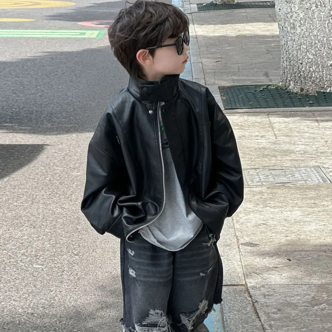 Spring Autumn Boys Leather Jackets For 3-12 Years New Classics Handsome Baby Girls Pu Outerwear Kids Clothing Zipper Fly Coats