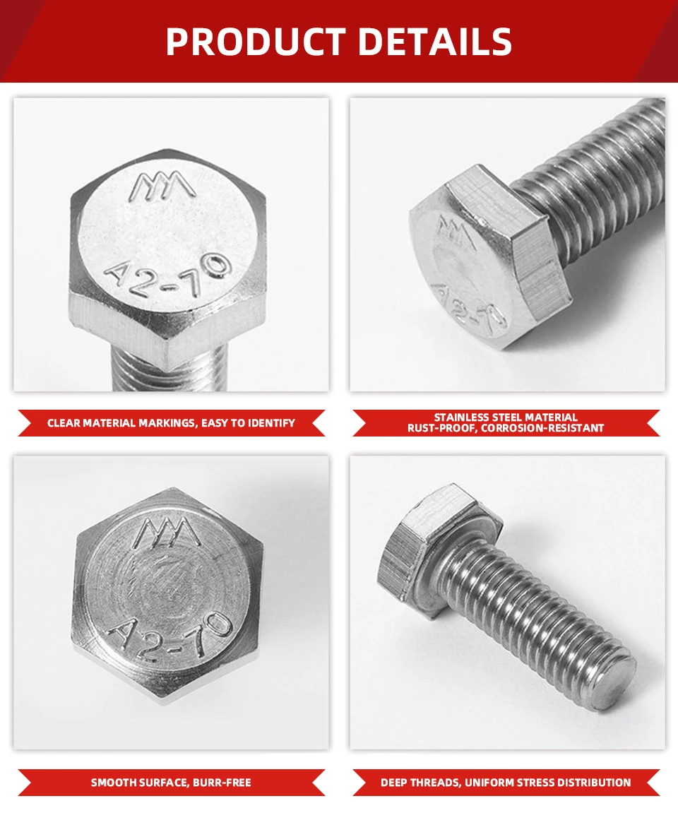 INOX Edelstahl Sechskantschraube DIN933 Vollgewinde Sechskant-Maschinenschraube SS304 SS316 Metrischer Befestiger M3 M4 M5 M6 M8 M10 M12 – Detail 8