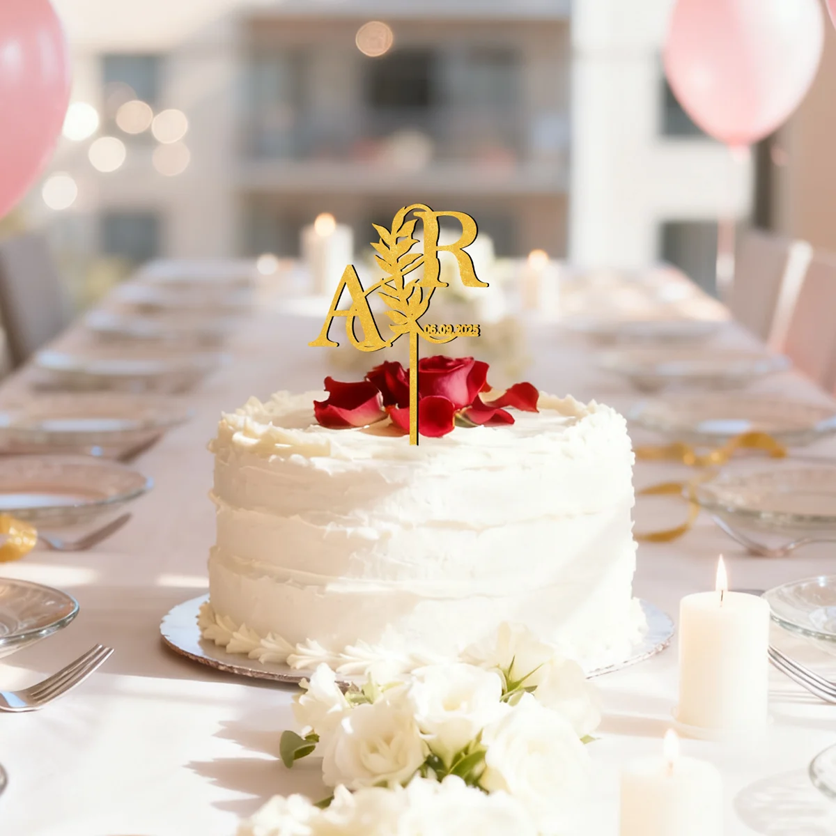 

Personalized Wedding Cake Topper Golden - Custom Initials & Date, 3 Sizes 4/5/6 inch, Double Sided 4mm Wooden