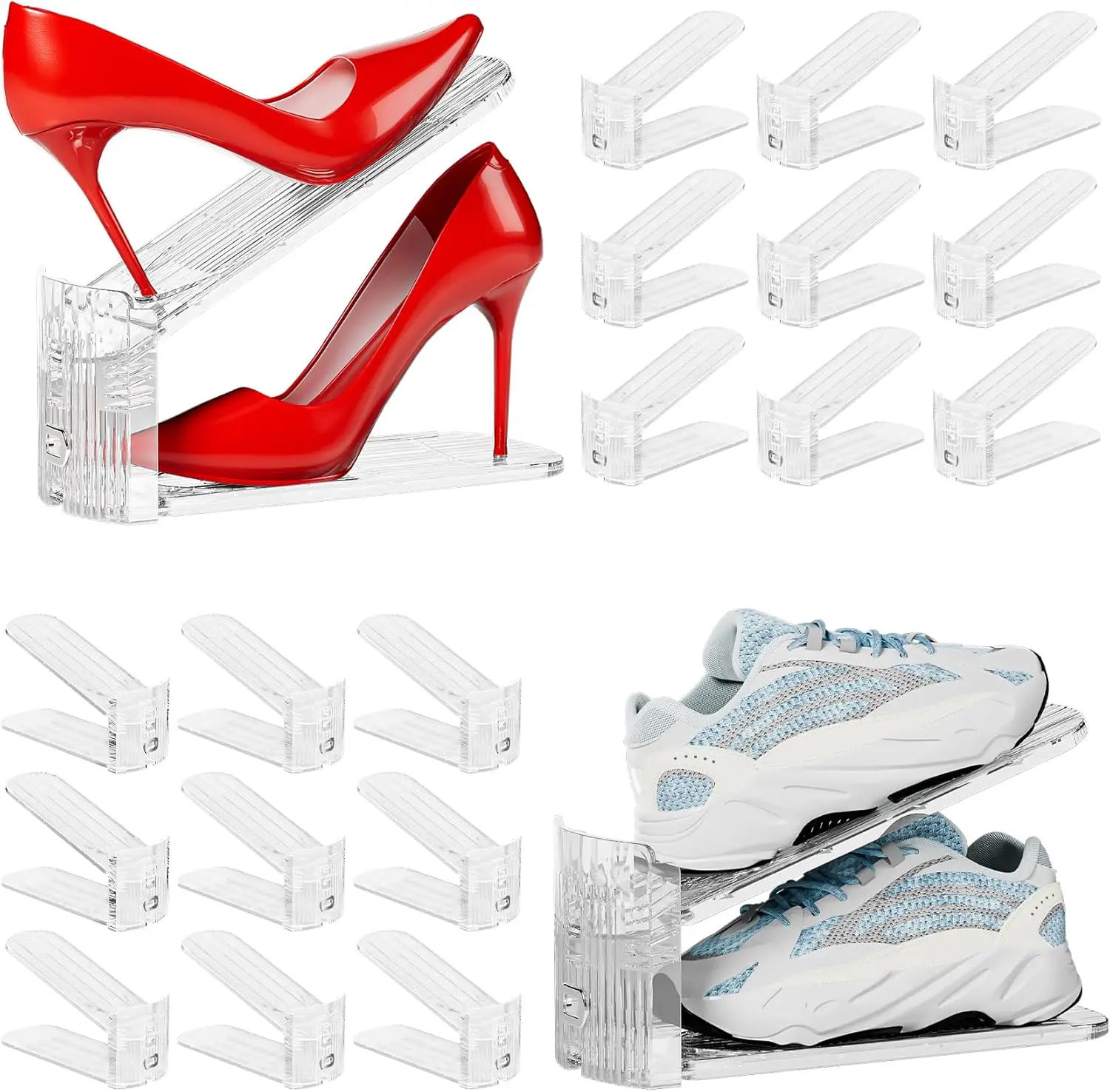 

Набор из 20 прозрачных акриловых подставок для обуви, 3-уровневая регулируемая подставка-держатель для хранения в шкафу, экономит 50% места