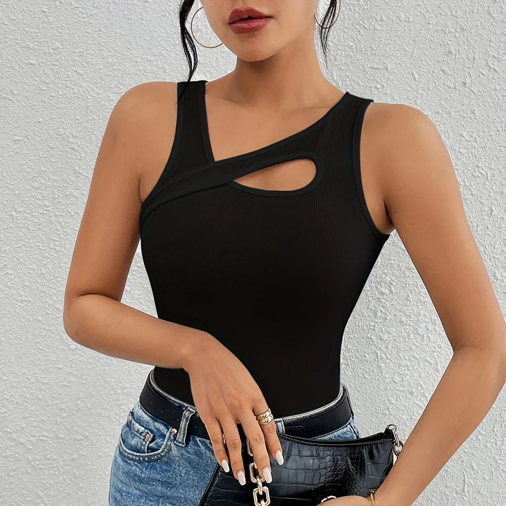 Strap Vest Women Tank Top Party Outfit Camisole Style Asymmetrical Collar Strap Design Hollow Detail Casual Summer Tank Tops