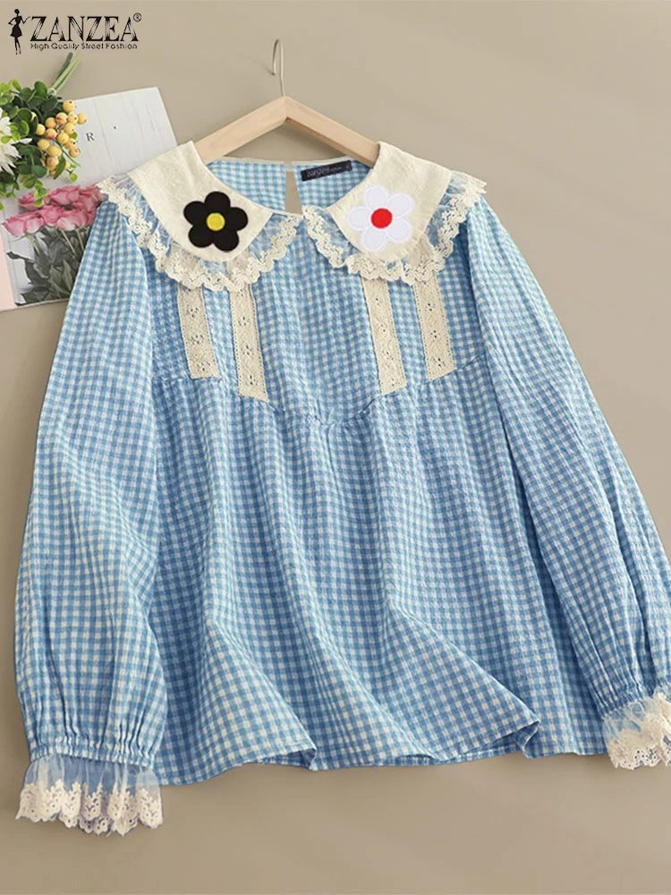 Zanzea-女性用レーシングスプライシングトップス、ドールカラーの甘いシャツ、カジュアルなランタン長袖チュニック、ヴィンテージメッシュパッチワークブラウス、2024