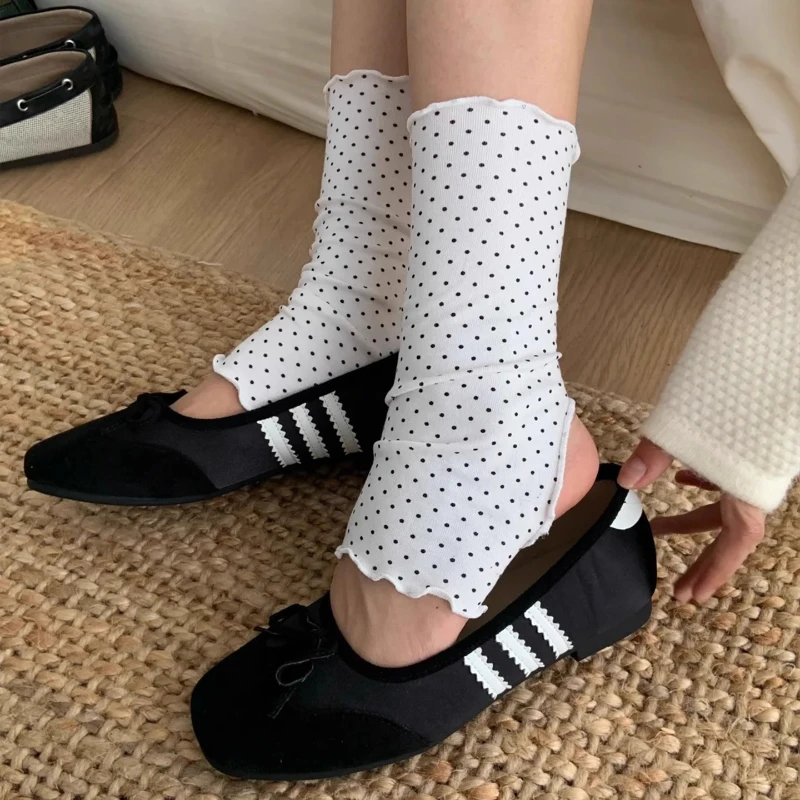 JK Sweet Girl Ruffle Socks Leg Warmers Korean Polka Dot Medium Tube Socks Foot Cover Lolita Leg Warmers Black White Long Socks