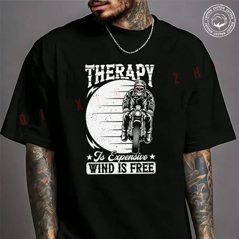 

Moto Men's T-shirt Therapy Is Expensive Design For Motorcycle Lovers Cotton T Shirt Short Sleeve Exquisite Design Essential Top