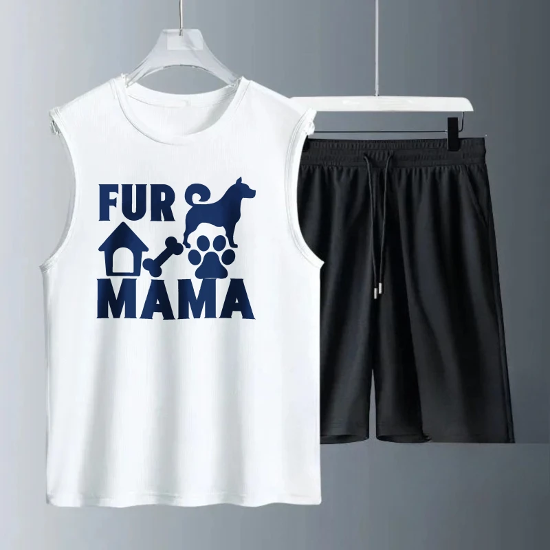 بدلة صدرية رجالية صيفية بدون أكمام مطبوعة من الفرو ماما تانك توب + شورت أطقم بدلات رياضية 	 أطقم رياضية رجالية جديدة سريعة الجفاف