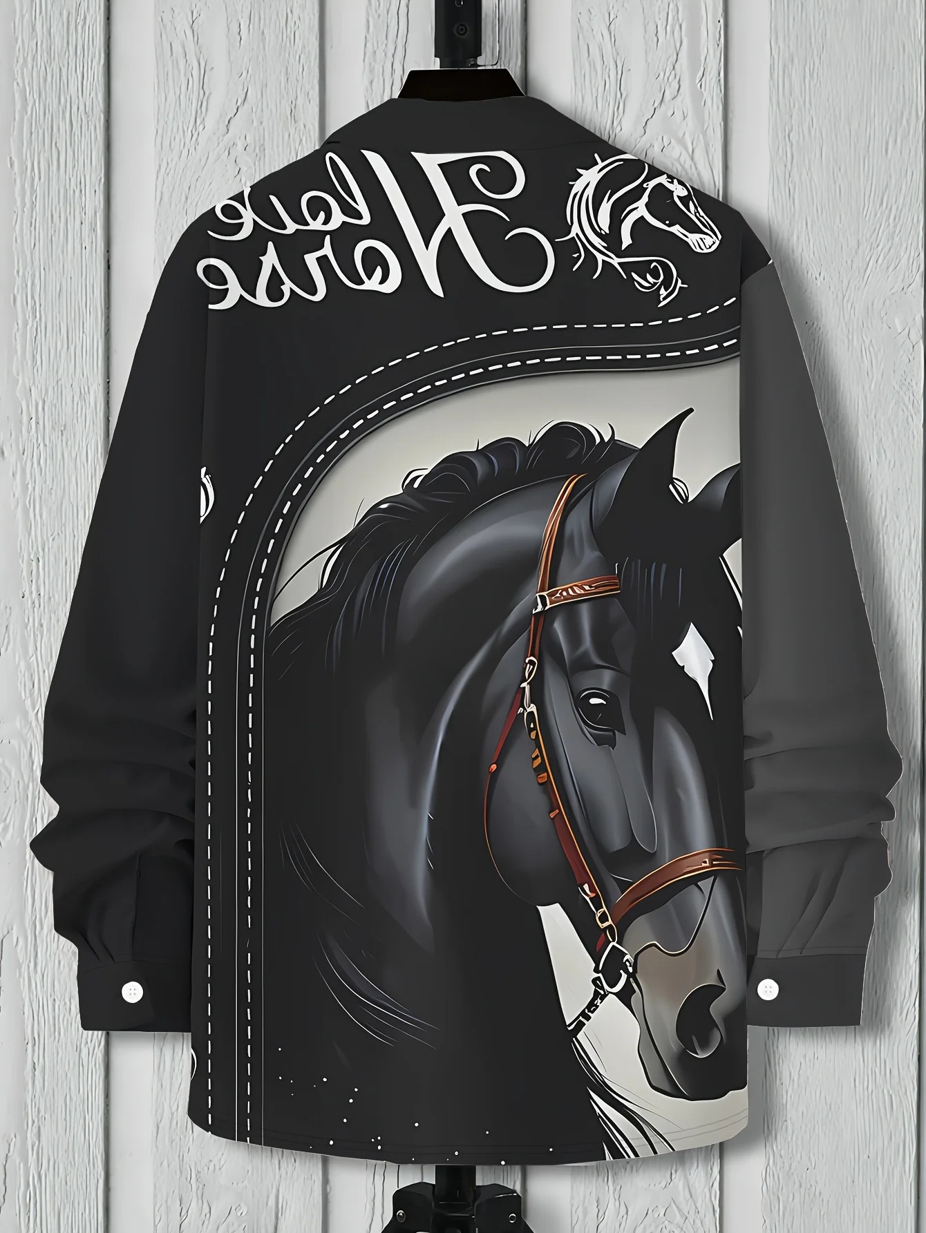 Men Long-Sleeve Button-Down Shirt Western Black Horse Portrait Print Polyester Lapel Collar Party Top