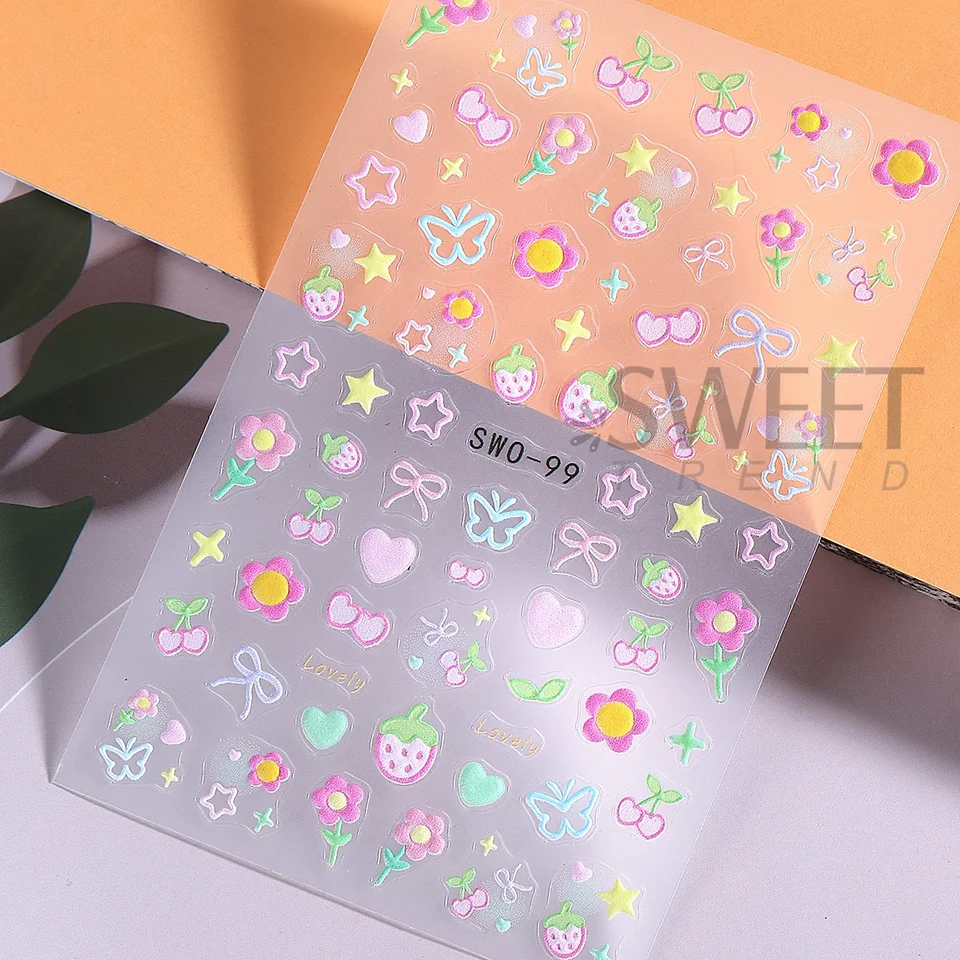 2 piezas de calcomanías de arte de uñas con elementos dulces, flores simples, corazones, cerezas, fresas, calcomanías kawaii, lazos coloridos, mariposas, sliders de manicura 3
