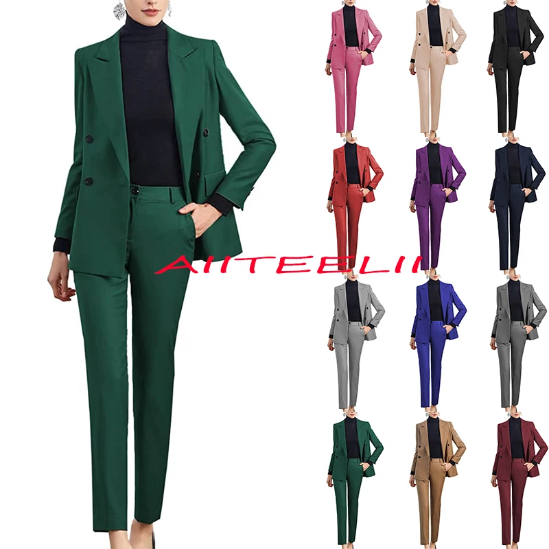 Women's Pant Suit Business Formal 2 Piece Office Workwear Double Breasted Jacket Trousers Suits for Lady