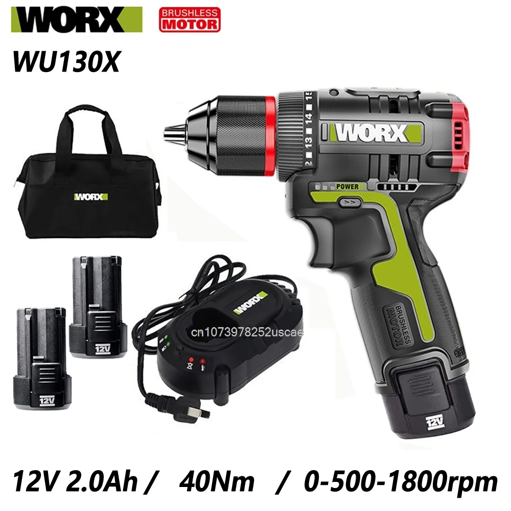 WORX Cordless Electric Drill WU130X 12V 40Nm Brushless Motor with Bag or Tool Box Univeral Orange and Green Battery Pack