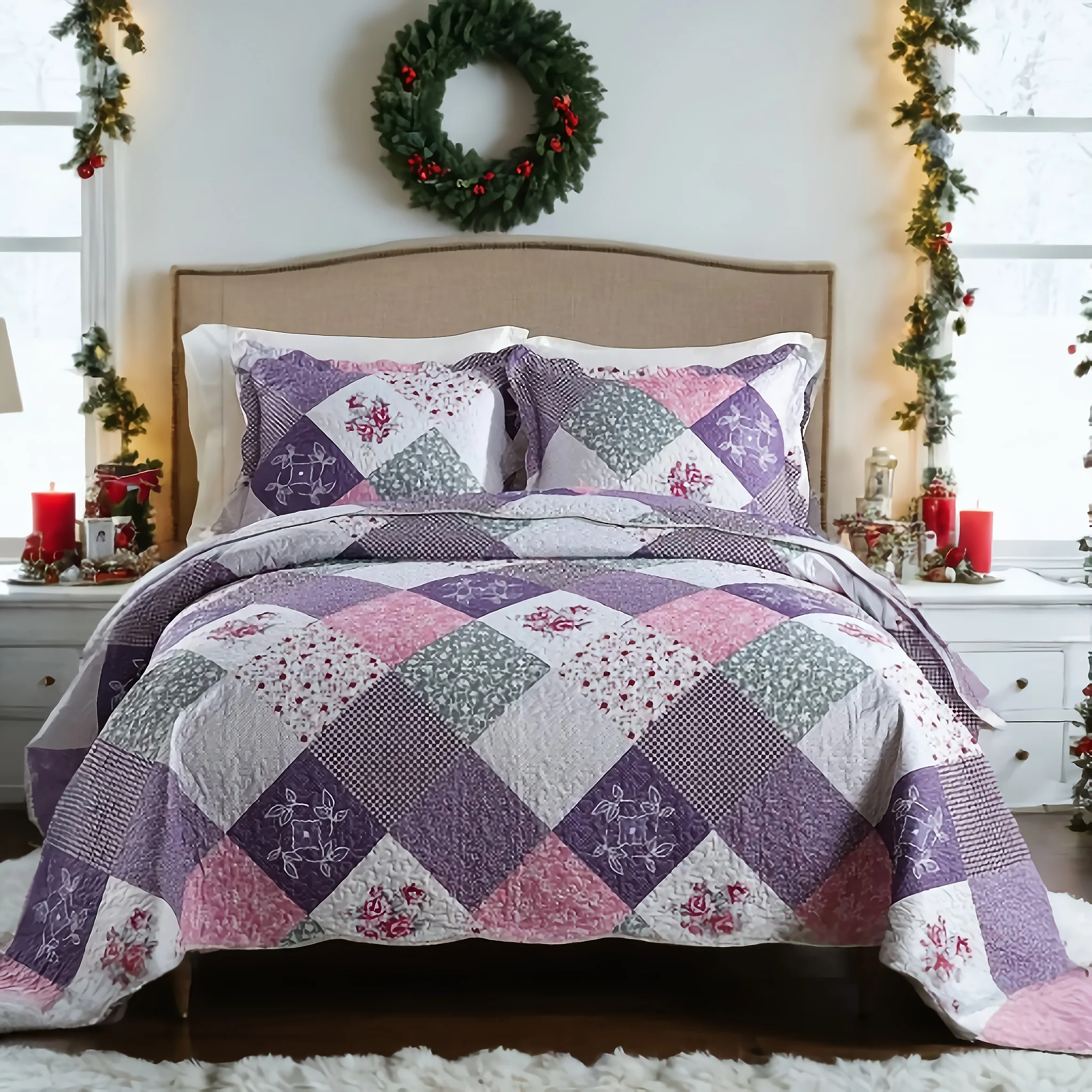 3-Piece Set With Purple Floral Pattern, Checkered Stitching, Soft Lightweight Bed Sheet Bedding Set, Garden Style All Season One