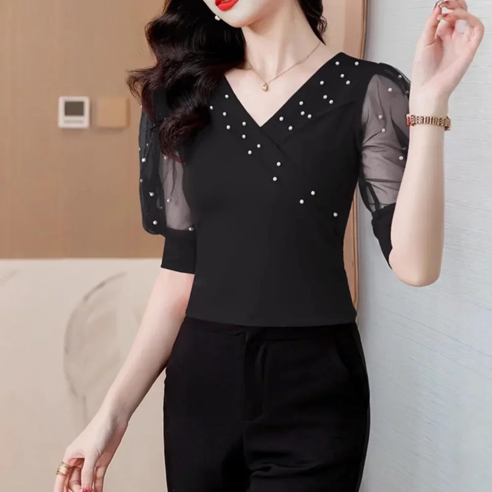 Pop Pop Fashionable V-Neck Mesh Short Sleeve Top Women's Summer New Style Slim Fit T-Shirt Elegant Overhead Small Shirt Polyeste