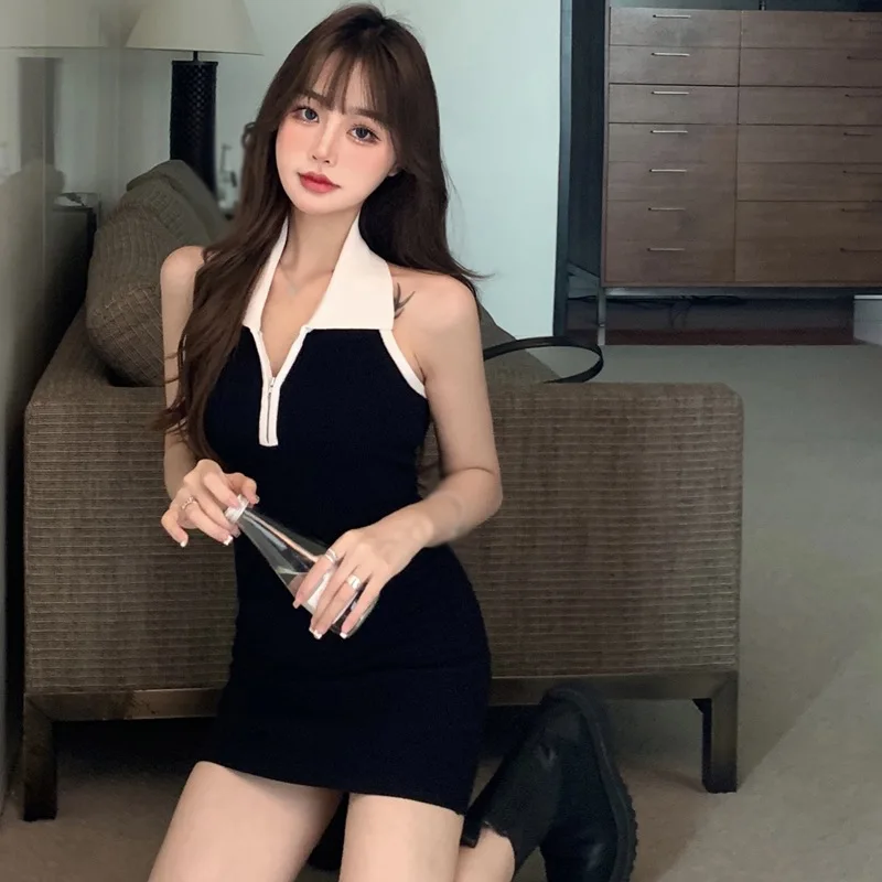 

Women Summer Backless Sleeveless DressSexy Turn Down Collar Fashion Holiday Korean Style Streetwear Vestido