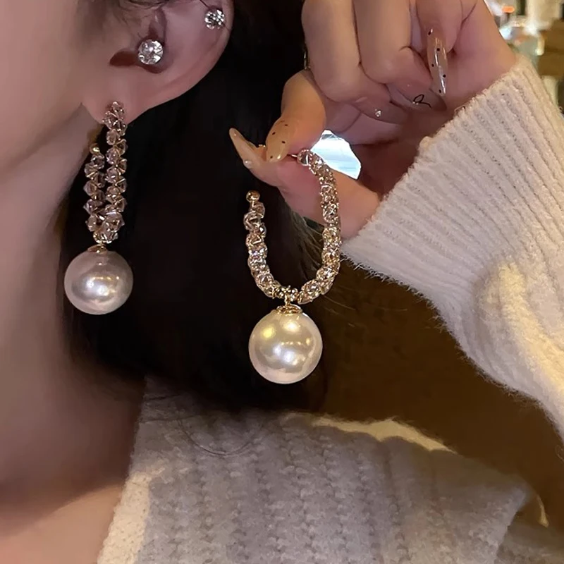 

French light luxury retro high-end diamond-encrusted pearl earrings fashion party earrings