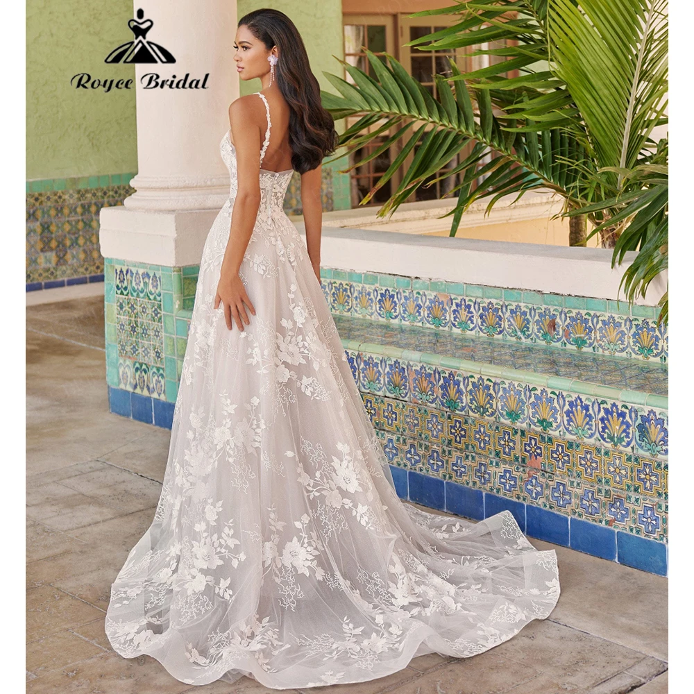 

Roycebridal свадебное платье трапециевидной формы с v-образным вырезом и кружевной аппликацией на тонких бретельках, свадебные платья со шлейфом по индивидуальному заказу, Vestidos De Novia 2025