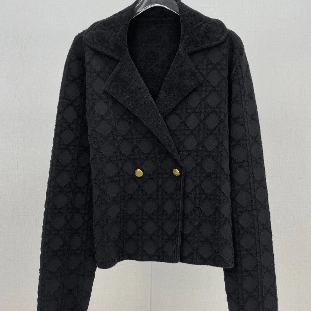 High Quality Women Black Notched Lapel Short Coat, Diamond Jacquard Texture Double Breasted Long Sleeve Jacket lyt134312