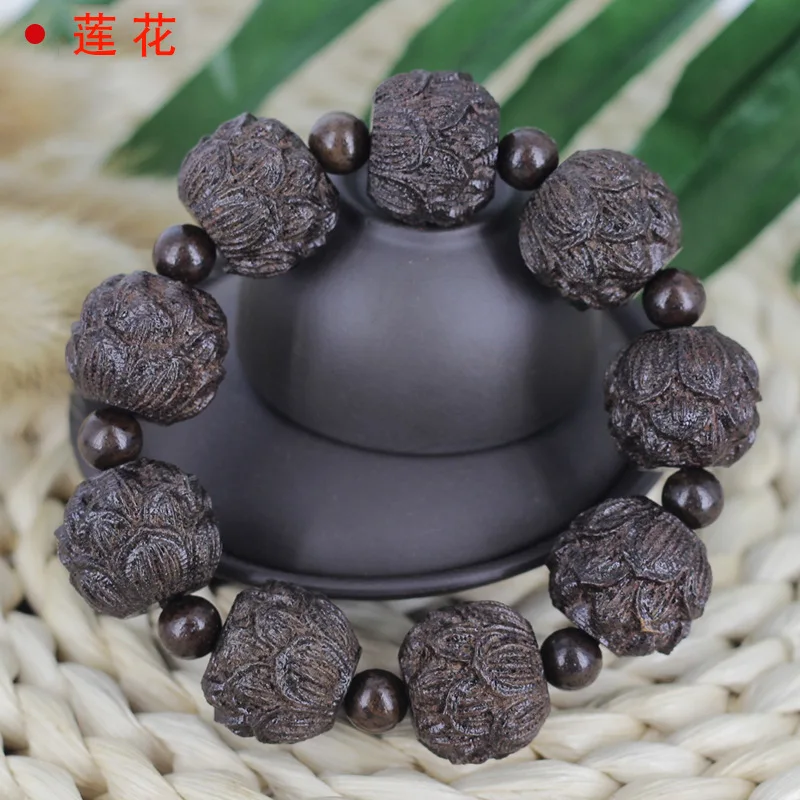 Vietnamese Agarwood Carved Buddha Bead Bracelet, Black Bark Eighteen Arhats, Lotus Flower - view 6