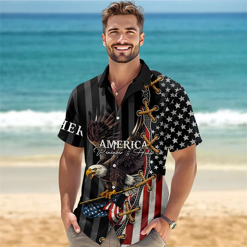 Personalized America Independence Day Hawaiian Women Men's Shirts Eagle Flag Firework Print Vacation Beach Casual Tops Clothes