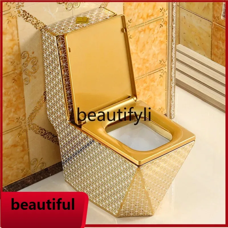 

F156 Household flush gold toilet siphon water-saving European toilet square diamond colored ceramic