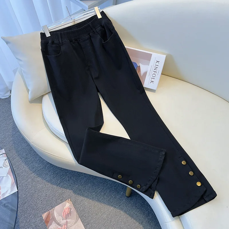 Calça jeans feminina cintura alta casual solta versátil cor sólida tamanho grande jeans elegante botão dividido calças largas