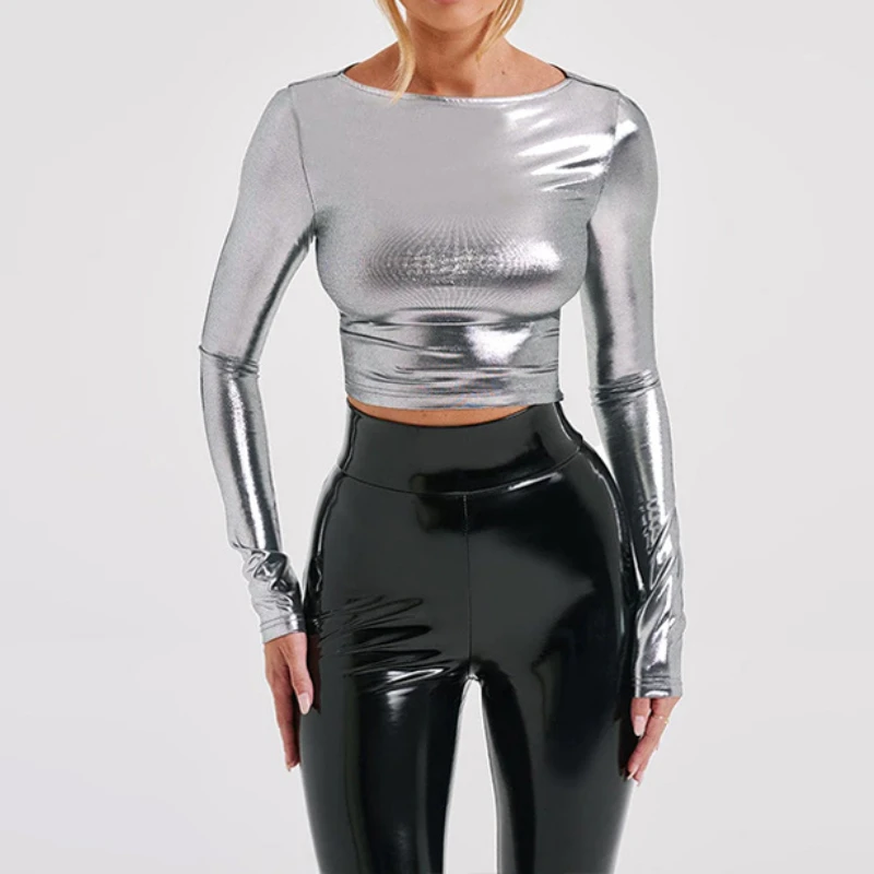 T-Shirt Skinny da donna camicetta Pullover a maniche lunghe Solid Crop top camicia in argento lucido metallizzato per Clubwear Jazz Dance Party