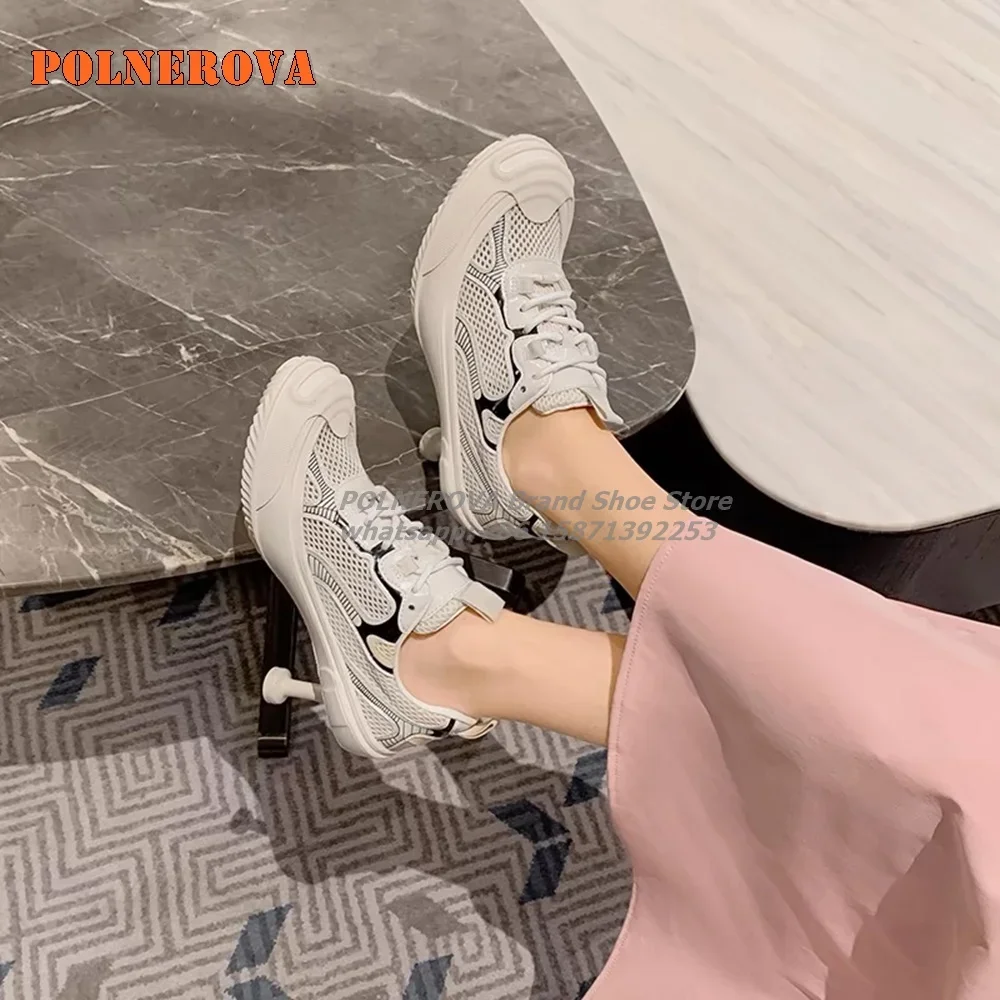 Air Mesh Hollow Cross Tied Patchwork Pumps Lace Up  Round Toe Strange Style Mixed Colors Shoes Rubber Height Increasing Casual image 5