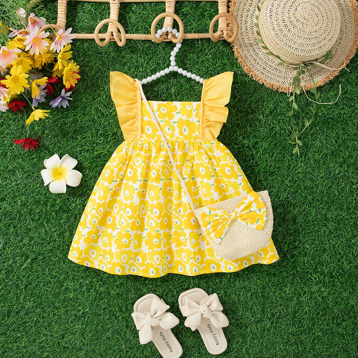 Baby Girl Dress Summer Girl Full Print Flower Cute Princess Dress Girl Beach Dress with Bag