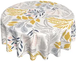 Retro Autumn Floral Round Table Cloth 60 Inch Yellow Gray Flowers Leaf Washable Wrinkle Stain-Resistant Table Cover Tablecloth