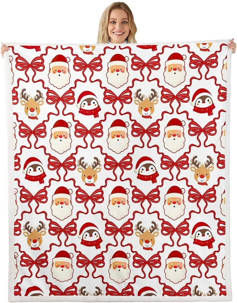 Cute Christmas Sherpa Throw Blanket for Couch Bowknot Santa Claus Elk Penguin Super Soft Cozy Fleece Red Blanket for Winter