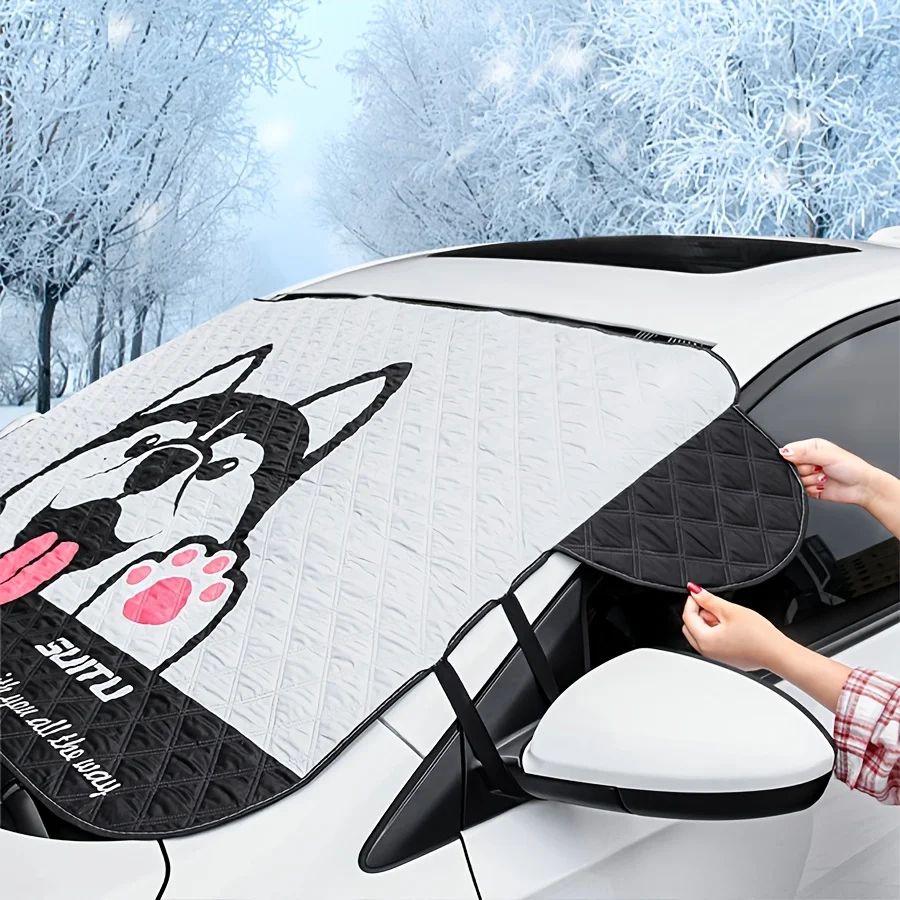 

Car Windshield Snow Cover Frost Ice Rain & Sun Protector Cartoon Dog Pattern Auto Windscreen Cover Universal For Most Cars SUVs