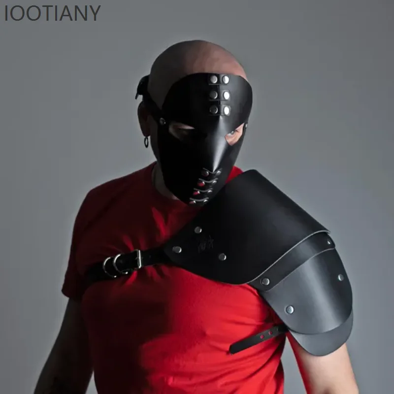 Party Coplay Hood Mask Stage Performance Carnival Halloween Festival Headpiece Black Leather Full Face Red Accessory Prop 6
