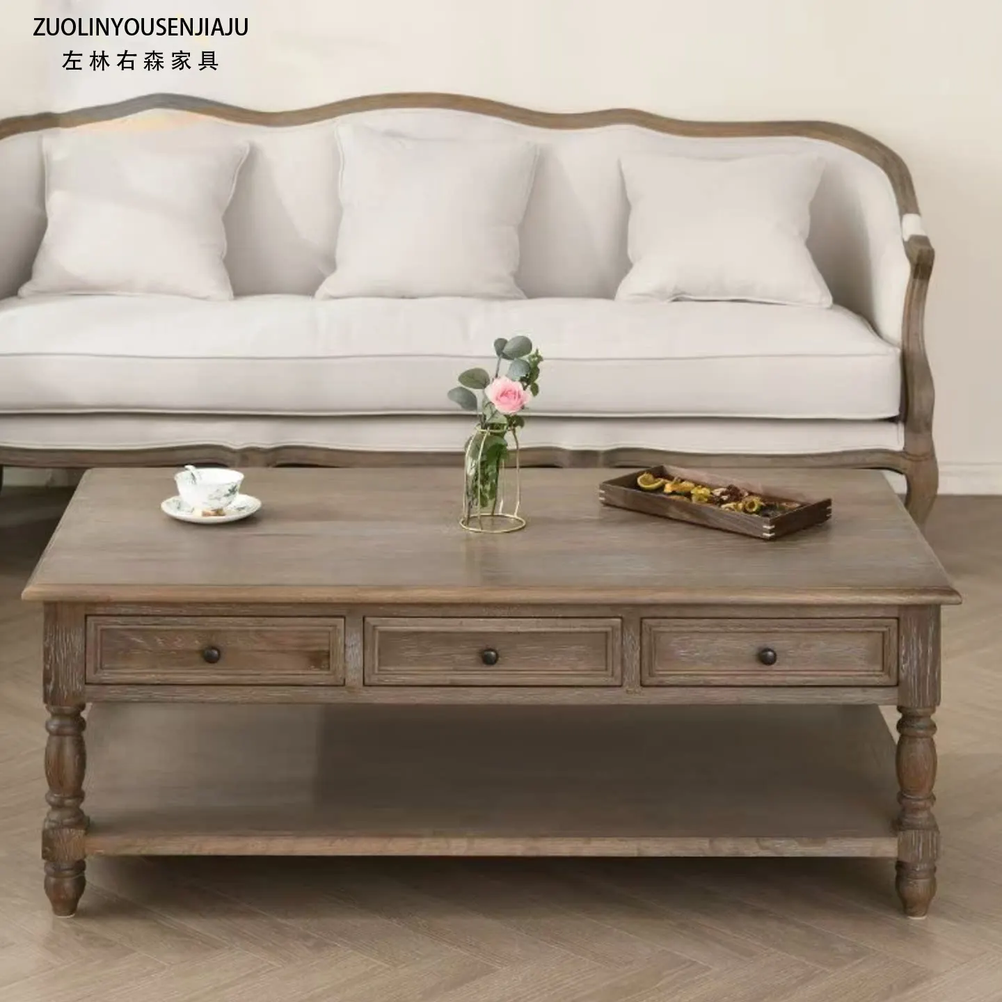 LMM retro solid wood coffee table living room home old short coffee table rectangular carving