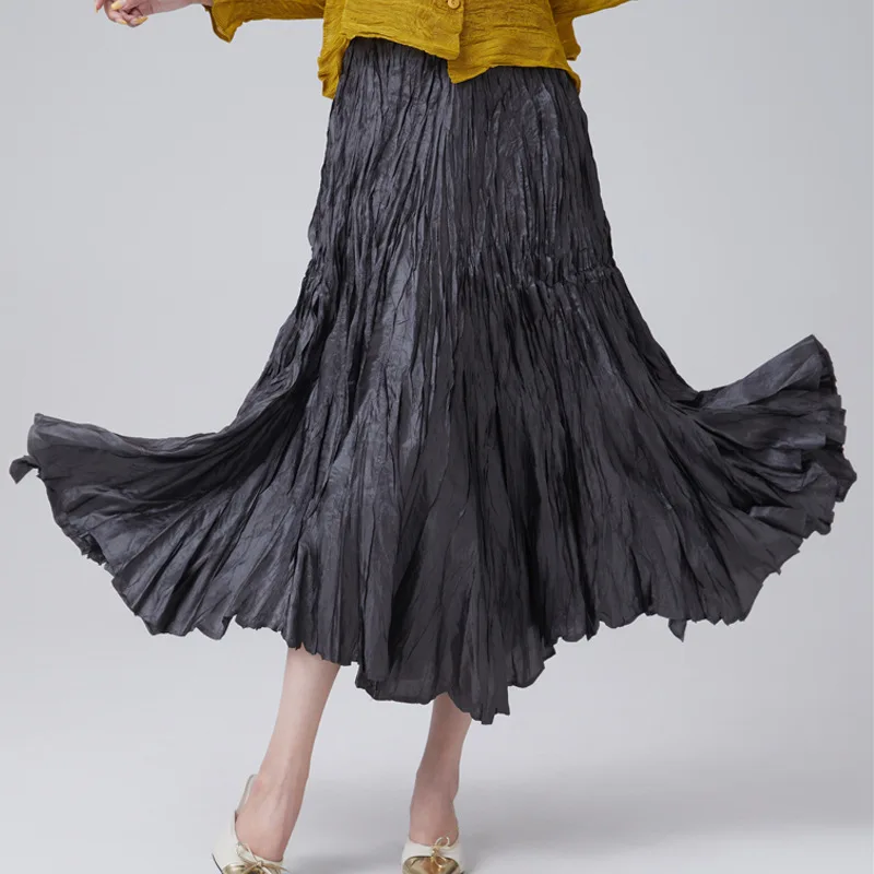 Miyake Elegant Drape Crumpled Skirts Women Elastic Waist Big-Hem Long Skirts Large Size Loose Umbrella Skirts Female Streetwear