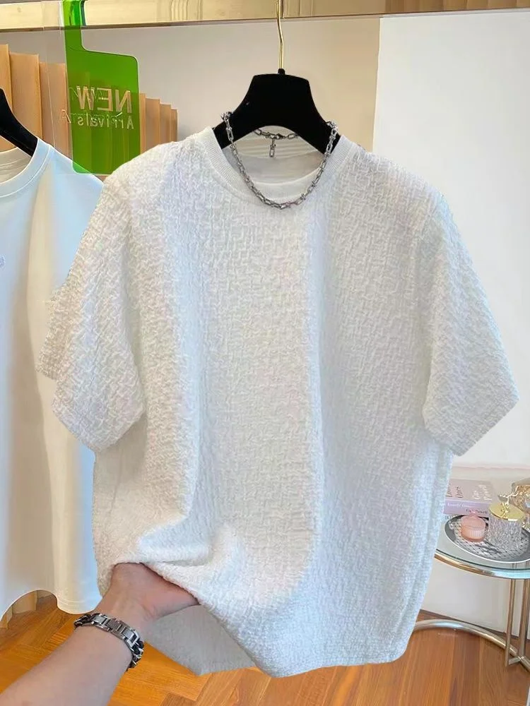 

Loose Fit round Ne ort Sve T-irt Men's Summer Bubble Cloth Casual Versatile Color Faionable Sun Protection C...