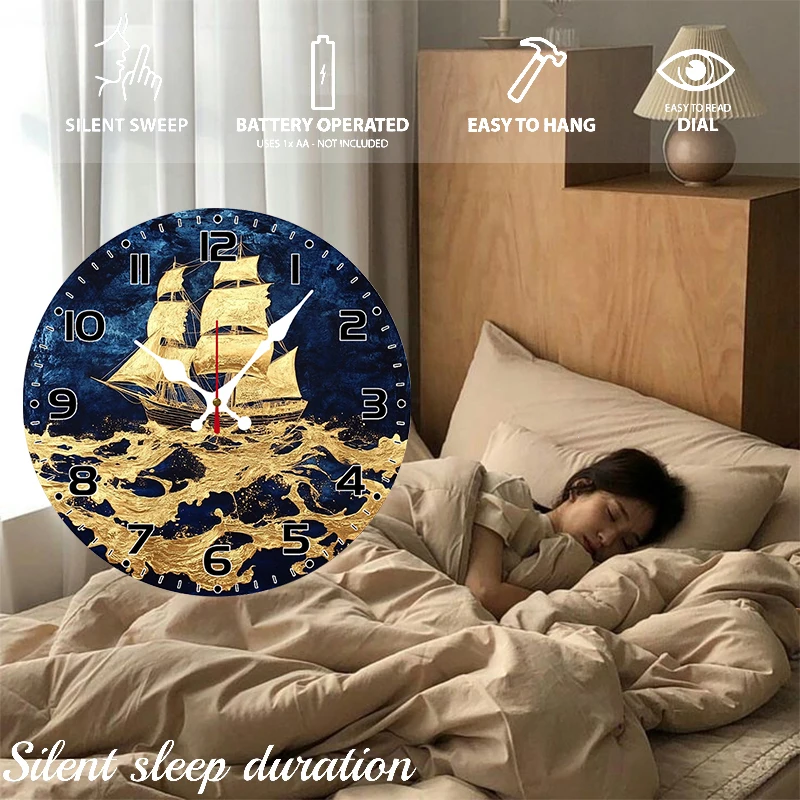 ساعة حائط معلقة خشبية مستديرة صامتة على شكل سفينة ذهبية، مناسبة لغرفة المعيشة والمكتب وغرفة الدراسة وغرفة النوم وديكور المنزل #4